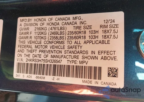 2025 Honda Cr-V Ex-L 2Wd from USA, damaged, VIN 2HKRS3H75SH326547